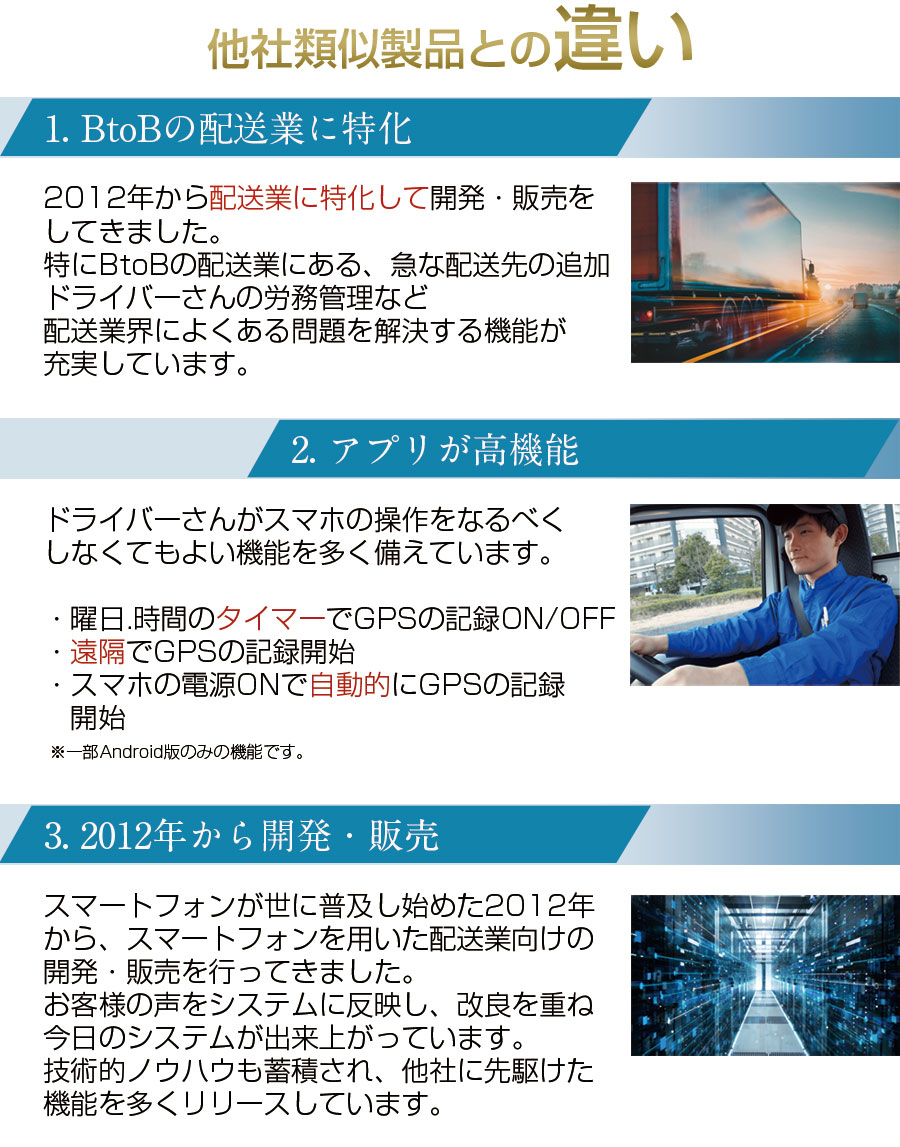 他社類似製品との違い。１、BtoBの配送業に特化。2012年から運送業に特化して開発・販売をしてきました。特にBtoBの配送業にある、急な配送先の追加ドライバーさんの労務管理など配送業界によくある問題を解決する機能が充実しています。２、アプリが高機能ドライバーさんがスマホの操作をなるべくしなくてもよい機能を多く備えています。曜日、時間のタイマーでGPSの記録ON／OFF。遠隔でGPSの記録開始。スマホ電源ONで自動的にGPSの記録開始。３，2012年から開発・販売。スマートフォンが世に普及し始めた2012年から、スマートフォンを用いた配送業向けの開発・販売を行ってきました。お客様の声をシステムに反映し、改良を重ね今日のシステムが出来上がっています。技術的ノウハウも蓄積され、他社に先駆けた機能を多くリリースしています。